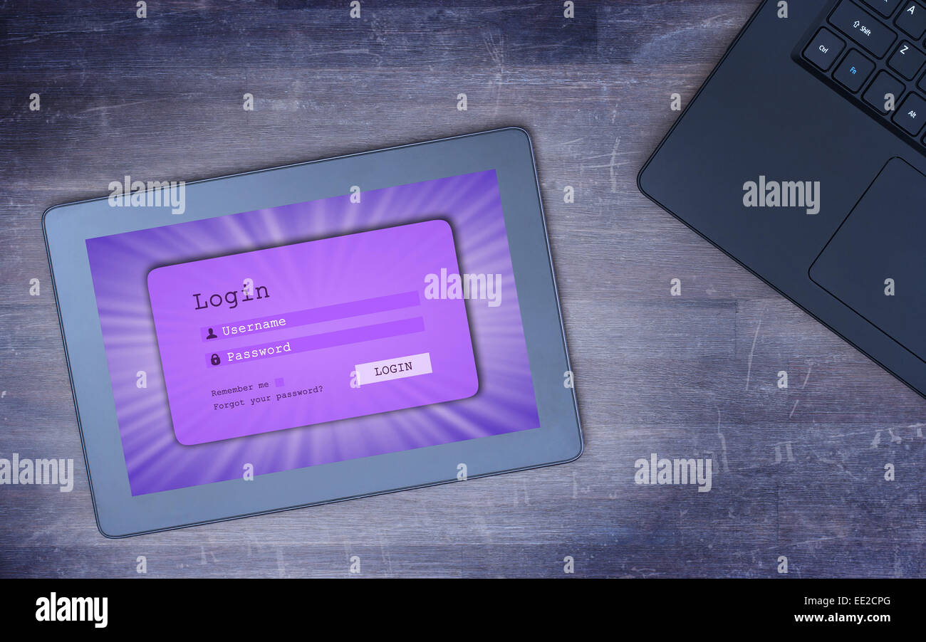 Login-Schnittstelle auf Tablet - Benutzernamen und Passwort, lila, kalten Blaufilter Stockfoto