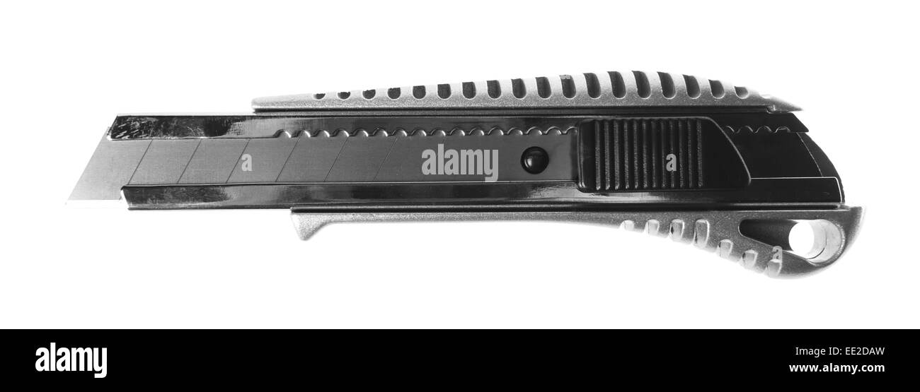 Metall-Briefpapier-Messer mit auswechselbaren Klingen auf weißem Hintergrund Stockfoto