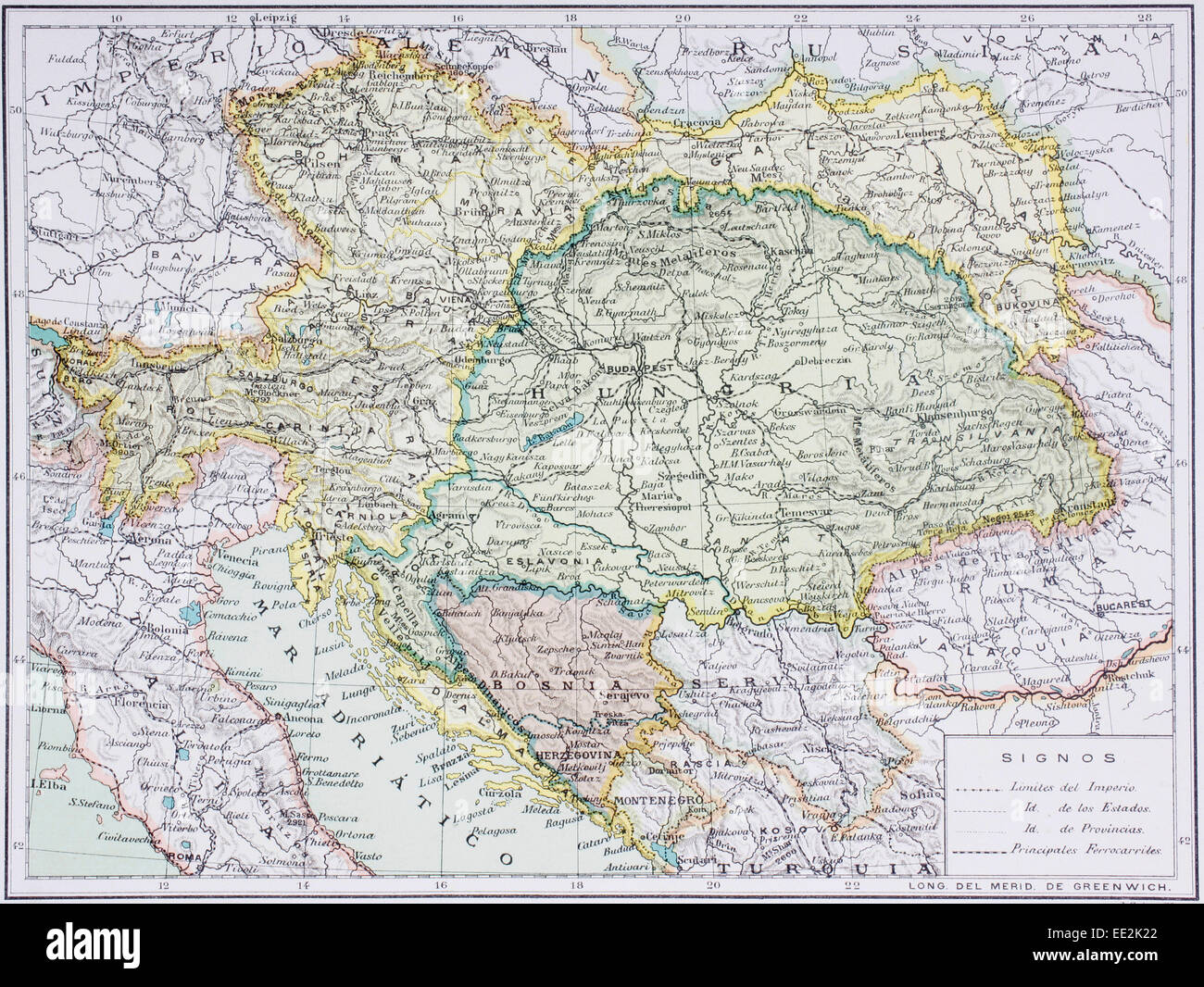 Karte von Österreich-Ungarn an der Wende des 20. Jahrhunderts.  Karte ist in spanischer Sprache. Stockfoto