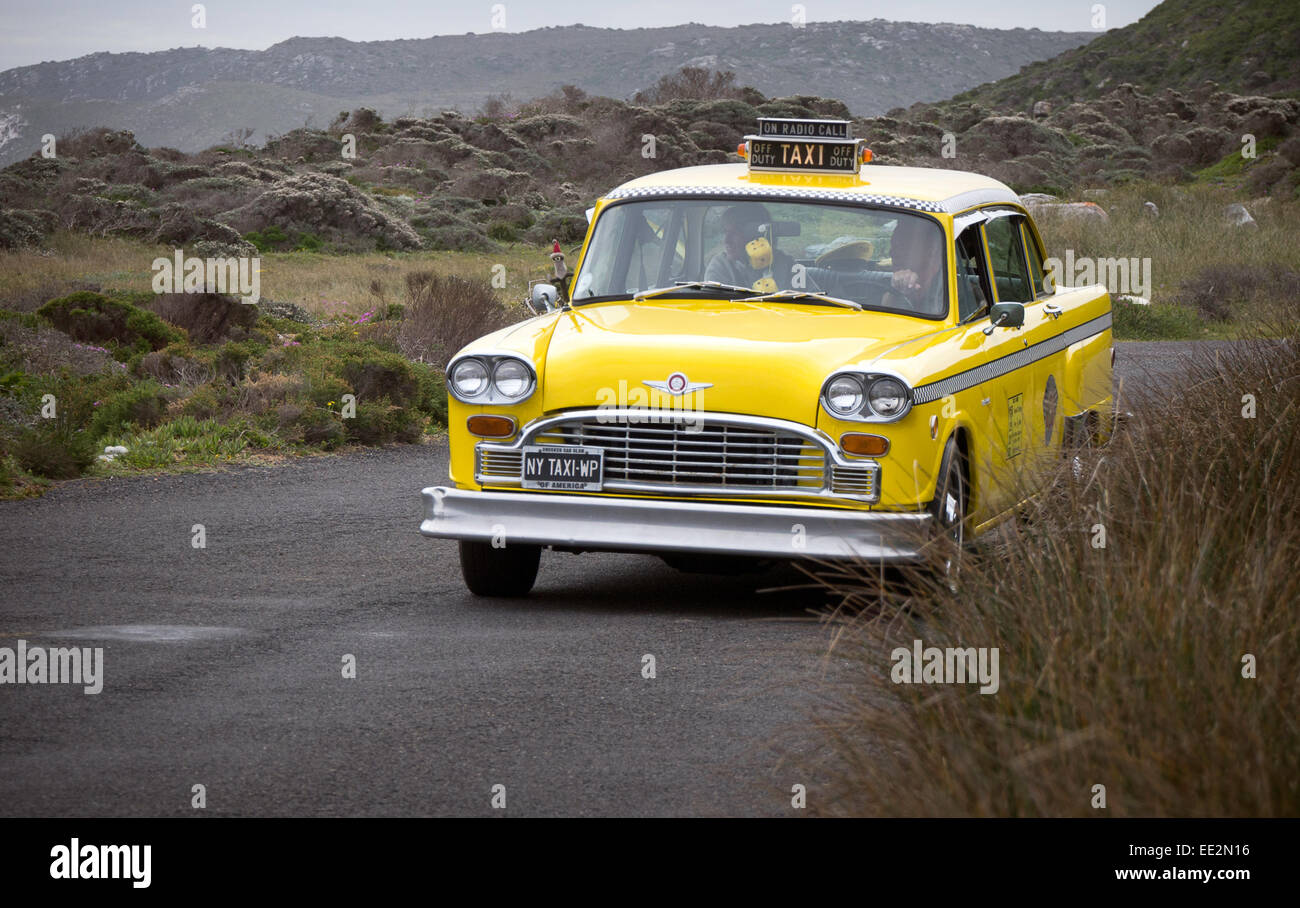 Ein Checker Taxi als einen touristischen Verkehr in der Nähe von Kap der guten Hoffnung in der Nähe von Cape Town, Südafrika. Stockfoto