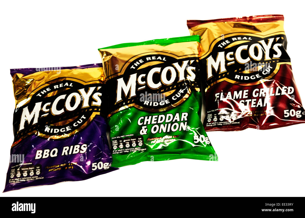 Close-up Bereich McCoys Kartoffel gestochen scharfe, BBQ Rib, Cheddar & Zwiebel, Flame Grilled Steak Stockfoto