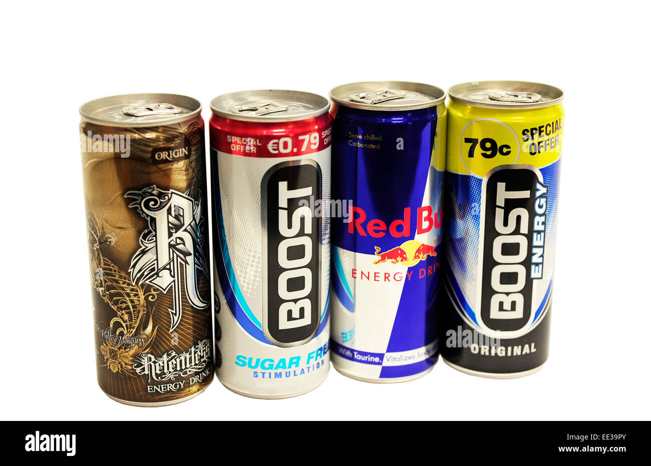 Nahaufnahme einer Sammlung von Energy-drinks Stockfoto