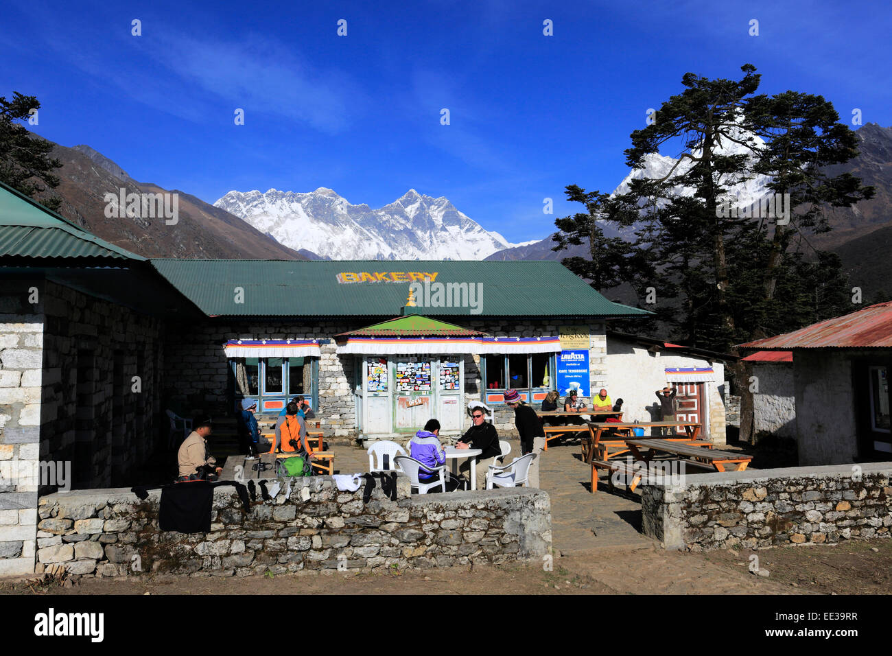 Blick über Tengboche Dorf, Everest Base Camp trek, UNESCO-Weltkulturerbe, Sagarmatha Nationalpark, Solu Khumbu district Stockfoto