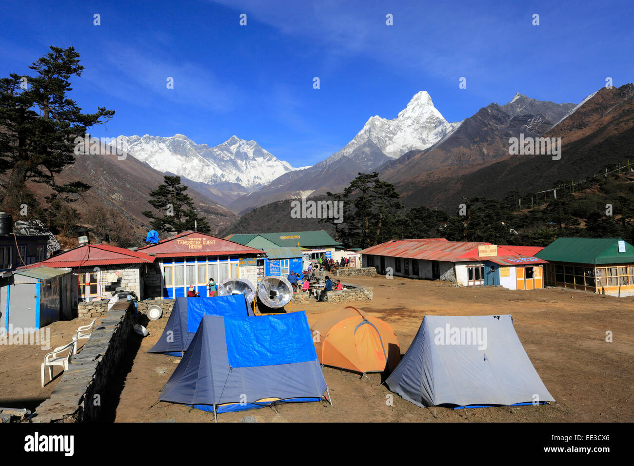 Blick über Tengboche Dorf, Everest Base Camp trek, UNESCO-Weltkulturerbe, Sagarmatha Nationalpark, Solu Khumbu district Stockfoto