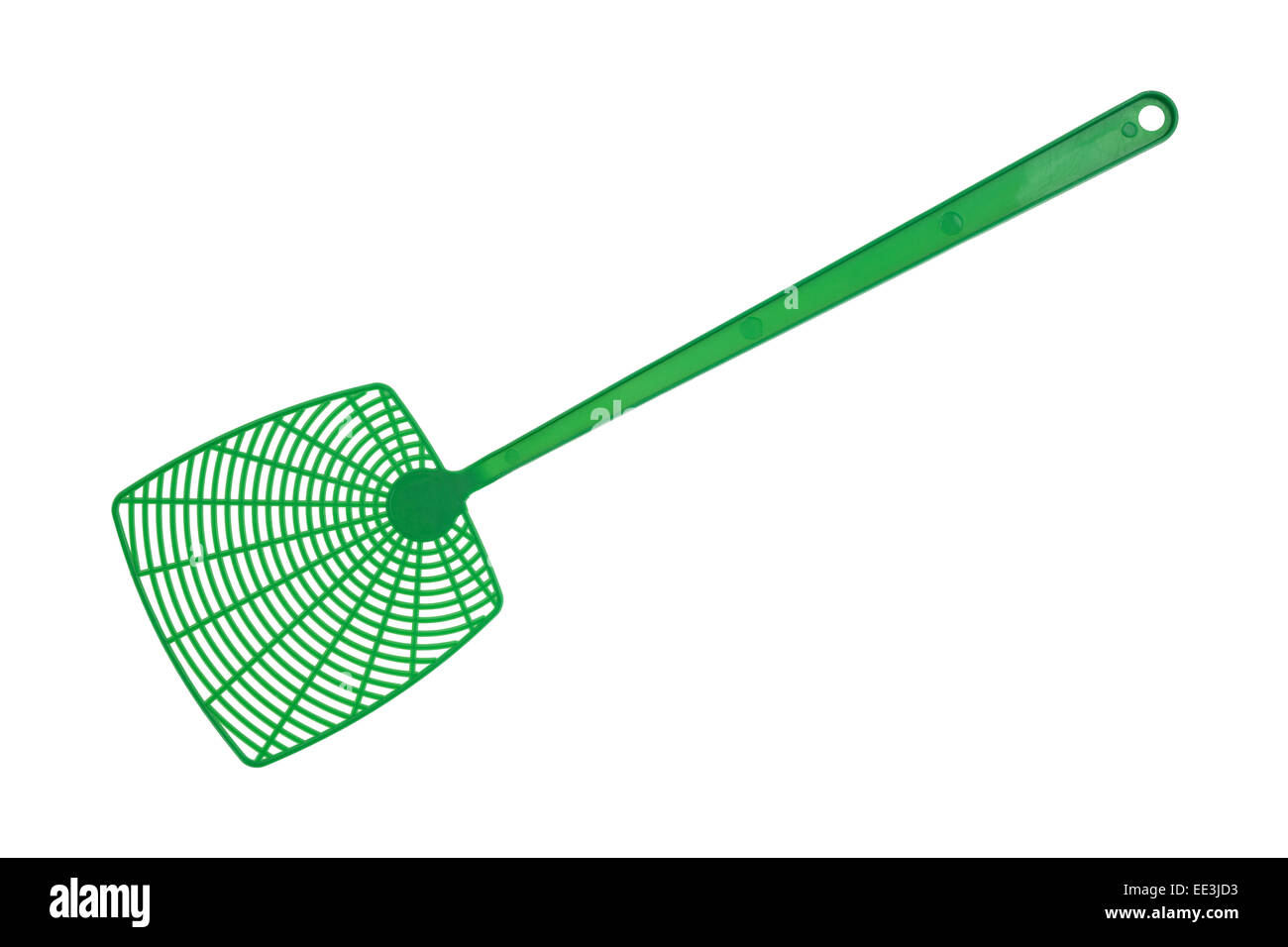 Eine neue grüne Fliegenklatsche auf weißem Hintergrund. Stockfoto