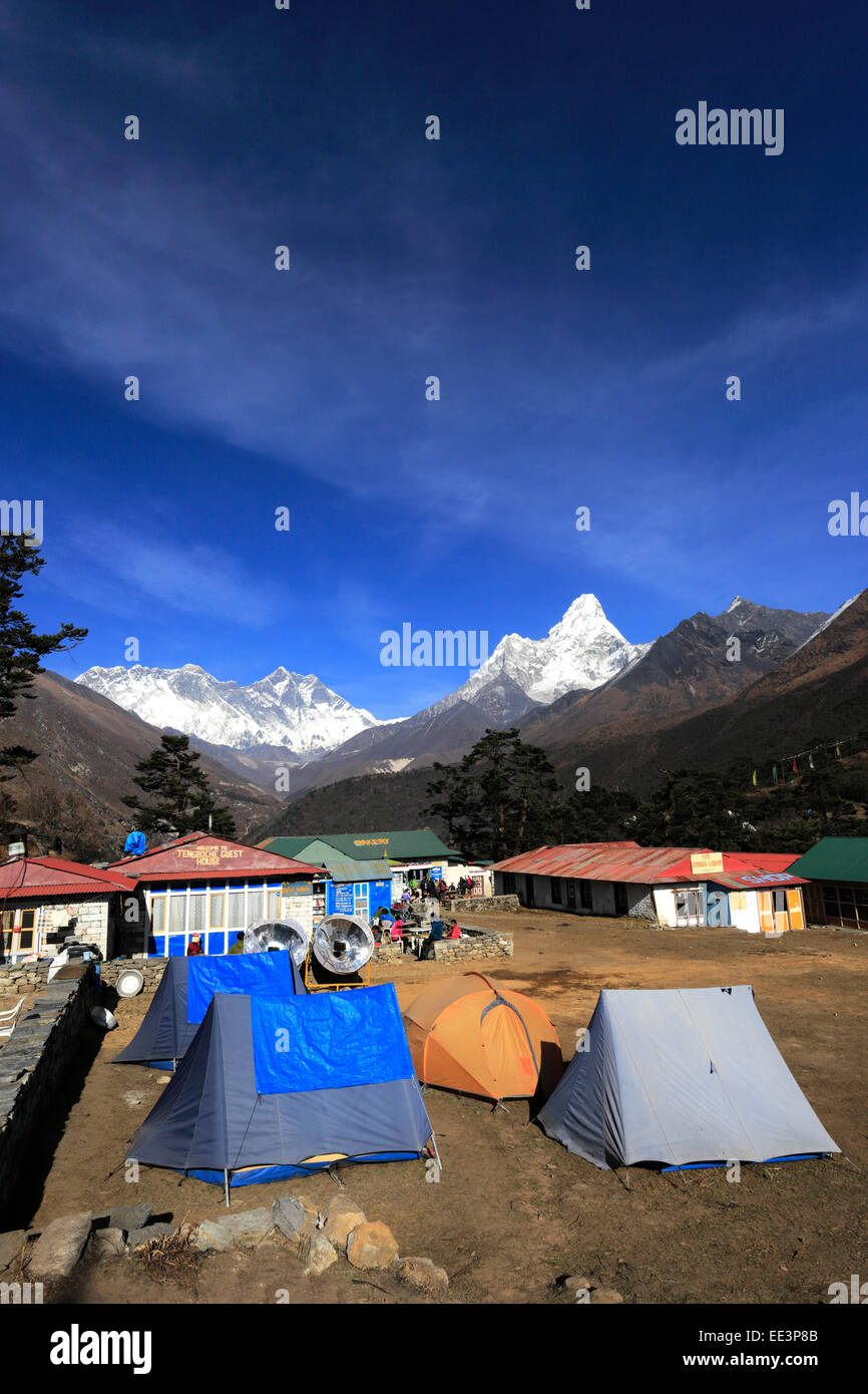 Blick über Tengboche Dorf, Everest Base Camp trek, UNESCO-Weltkulturerbe, Sagarmatha Nationalpark, Solu Khumbu district Stockfoto