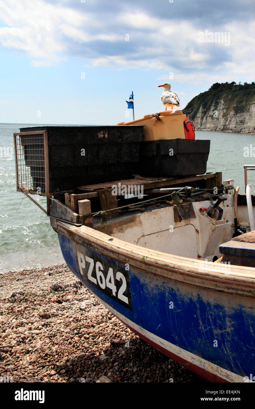 Ein Fischerboot am Strand von Bier in East Devon, England Stockfoto