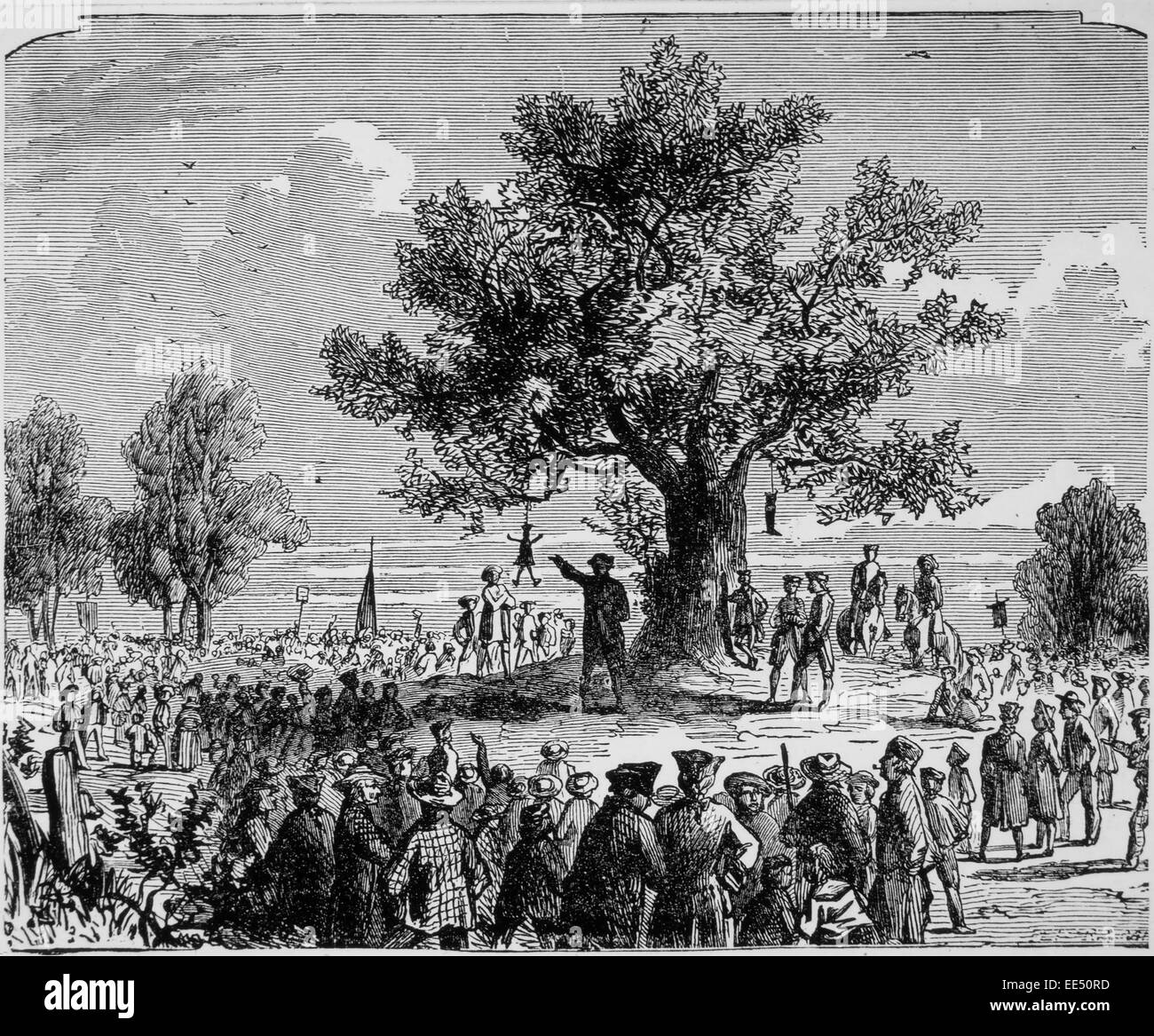 Amerikanische Kolonisten hängen einen Stempel besteuern Beamter in effigie, ca. 1765 Stockfoto