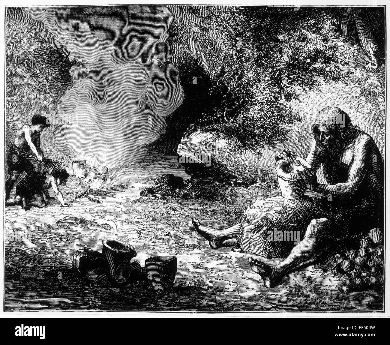 Prähistorische Potter mit seinem Feuer, Gravur, 1892 Stockfoto