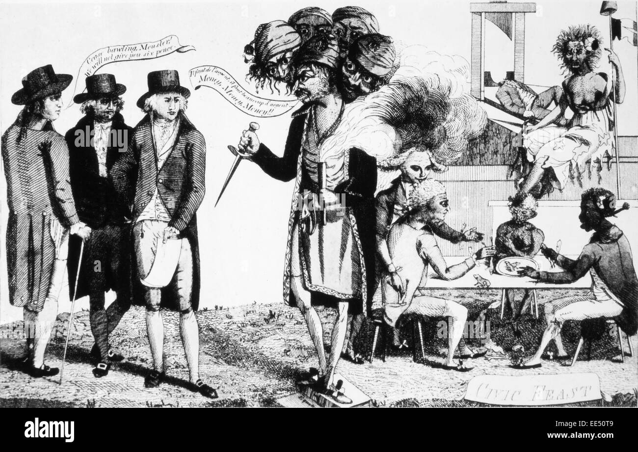 Politische Karikatur vielköpfiges französischen Regierung anspruchsvolle Bestechungsgeld von amerikanischen Kommissare während XYZ-Affäre, 1799 Stockfoto