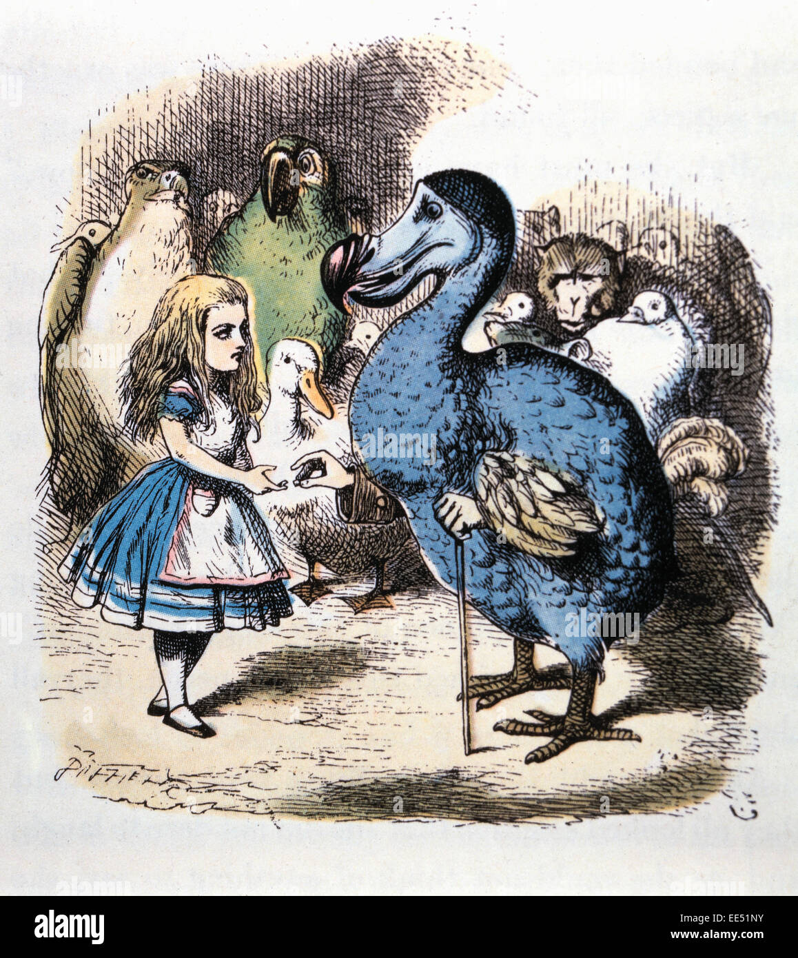 Alice und der Dodo, Alices Abenteuer im Wunderland von Lewis Carroll, Hand farbige Darstellung, ca. 1865 Stockfoto