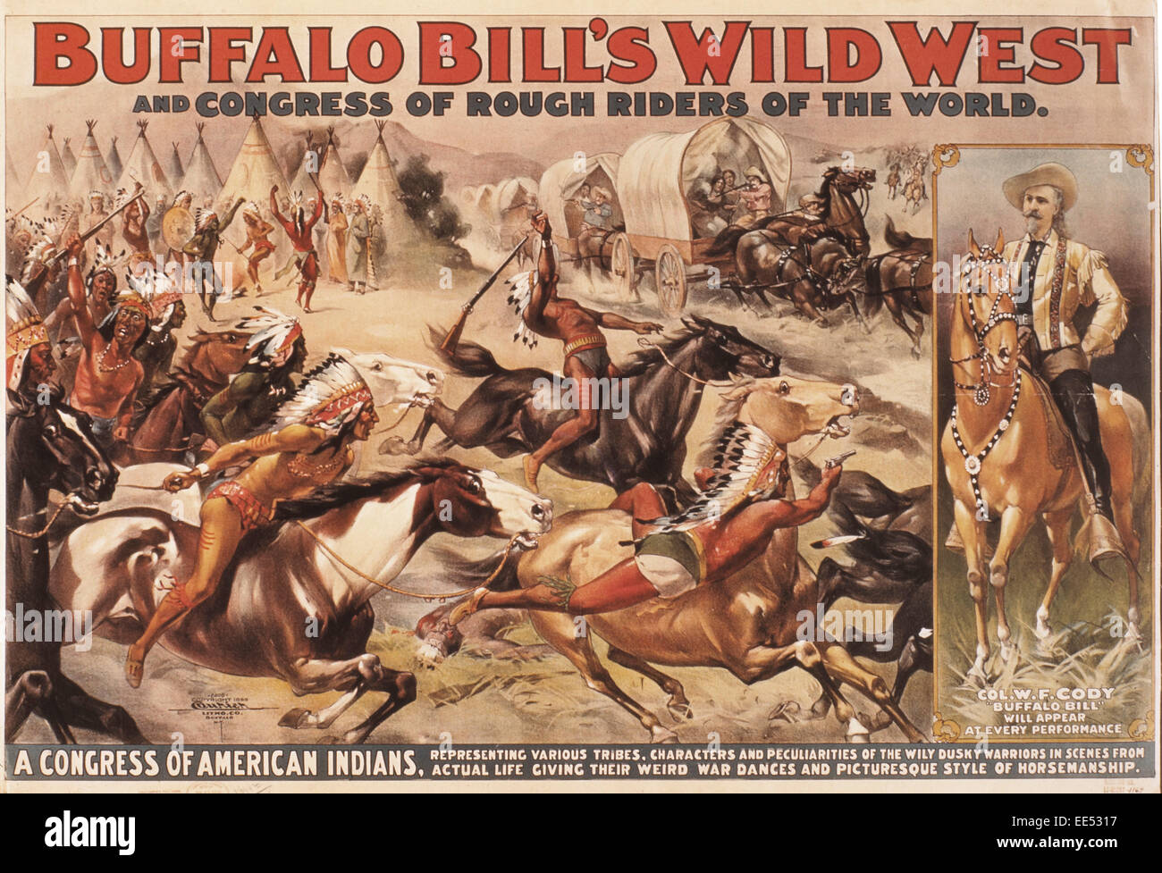 Buffalo Bills Wildwest und Kongress von Rough Riders der Welt, amerikanische Indianer angreifenden Pioniere im Planwagen, Zirkus-Plakat, ca. 1899 Stockfoto