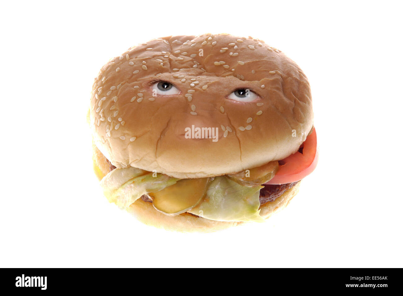 Ein Hamburger mit einem menschlichen Gesicht oder Hamburger Kopf Stockfoto