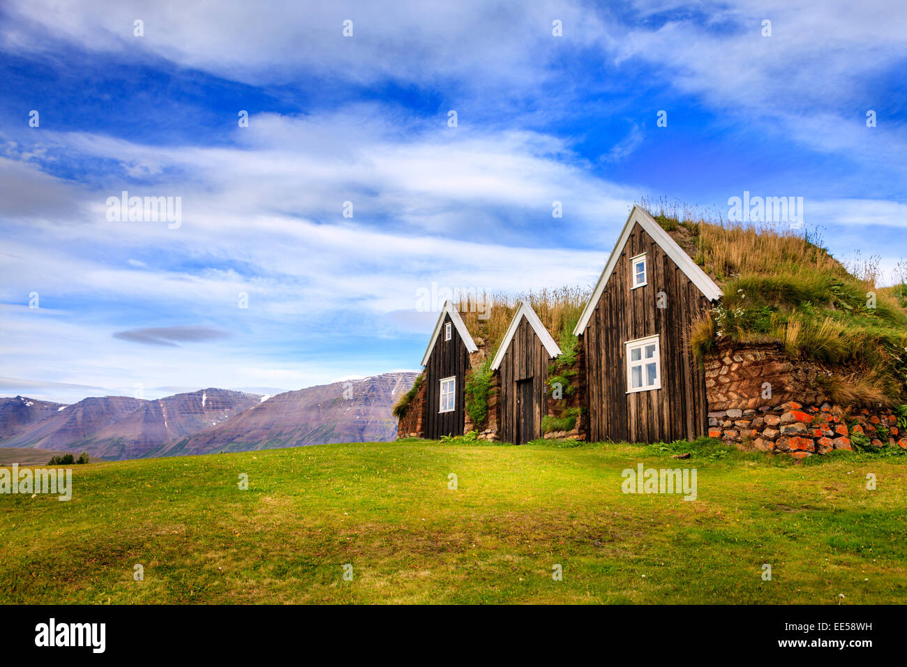 Traditionelle isländische Rasen Häuser Stockfoto