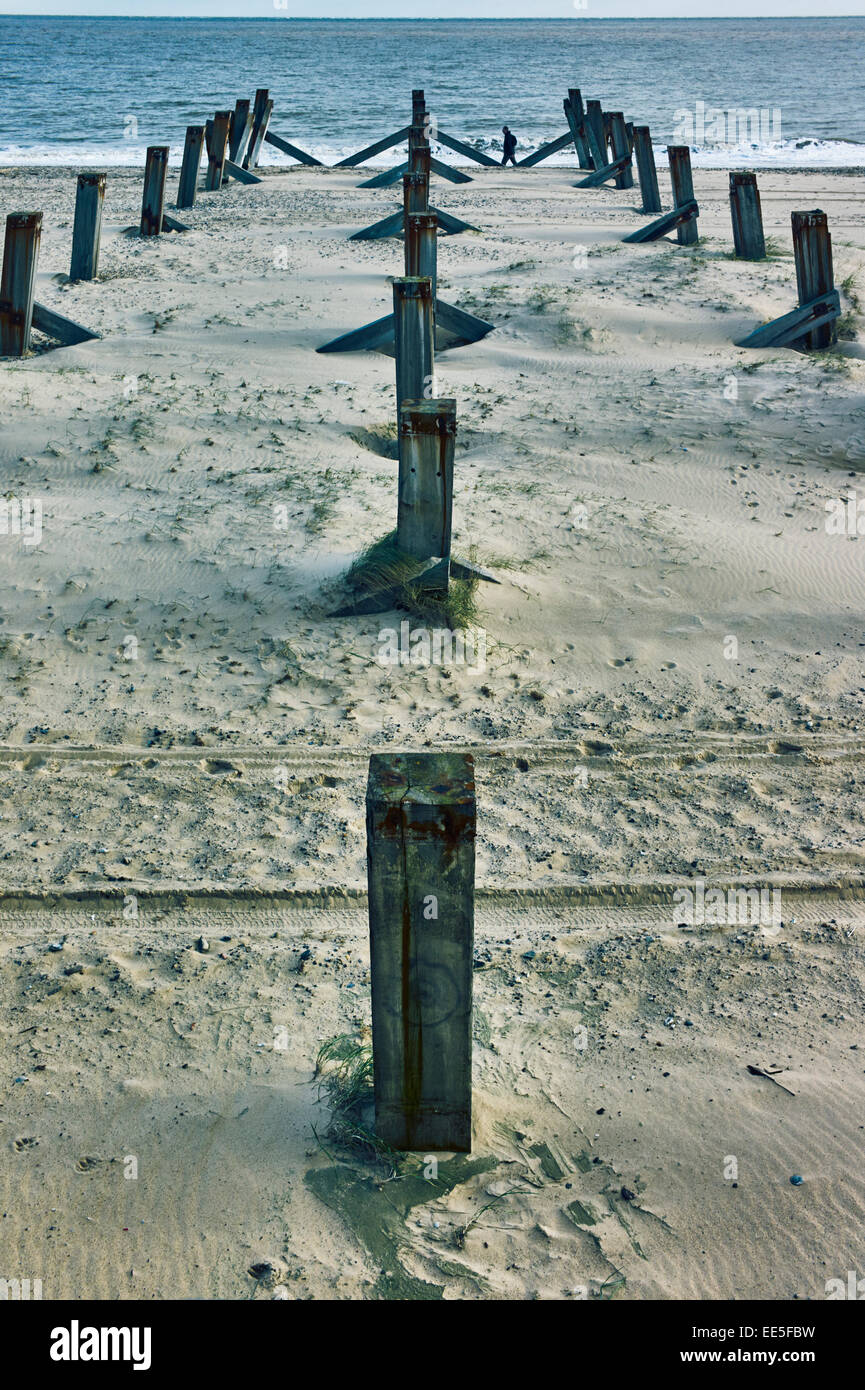 Holzpfähle im Sand, Great Yarmouth Stockfoto
