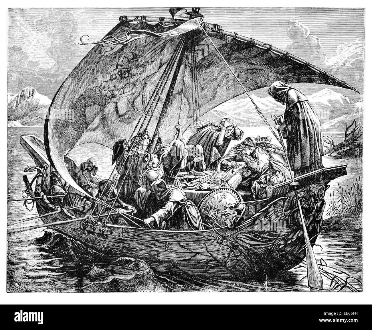 Morte d ' Arthur Sir Joseph Noel Paton König Arthur Guinevere Lancelot Tafelrunde Ritter Beerdigung Boot Schiff Krieger Stockfoto