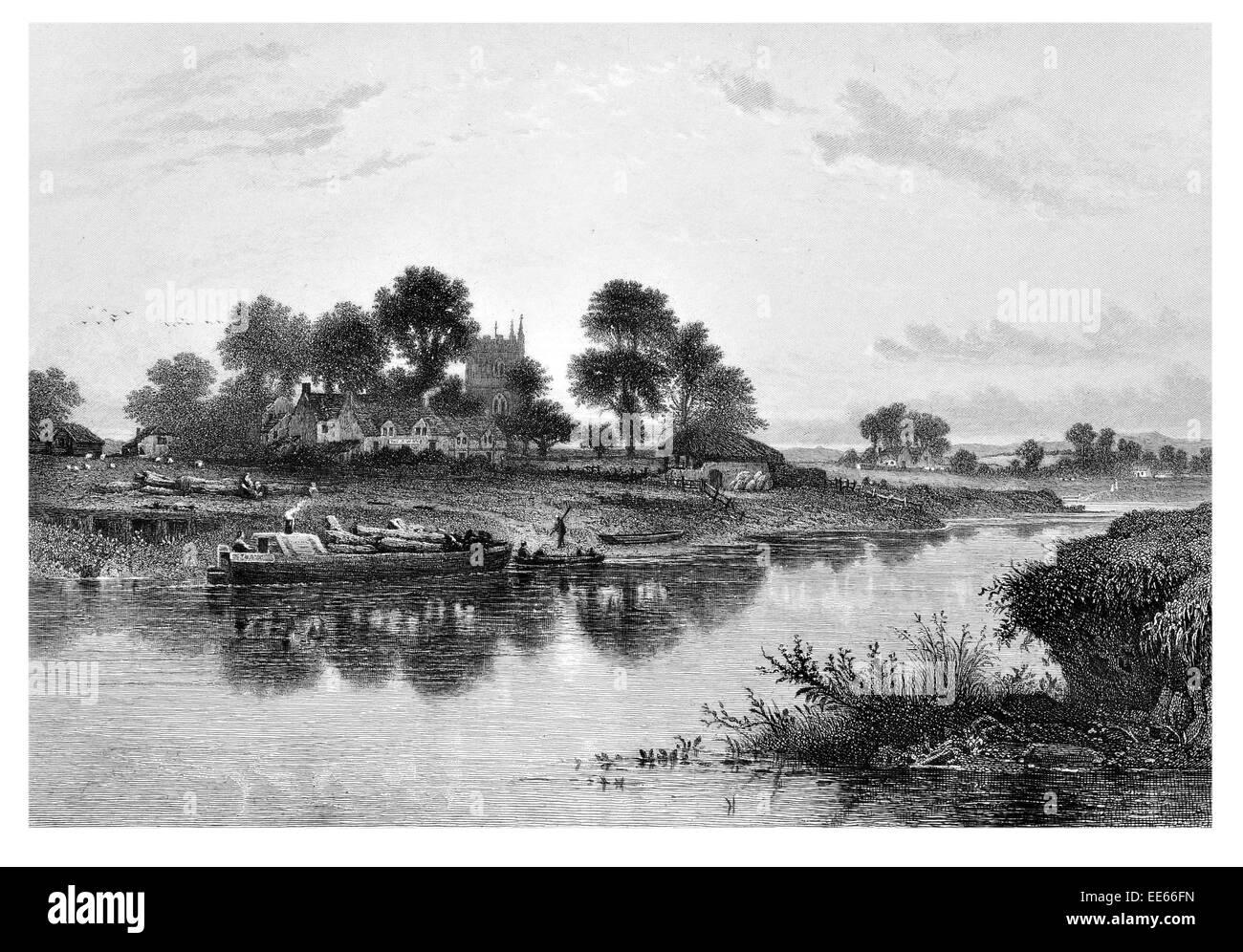 Der Abend Stunde Benjamin Williams Leader englische Landschaft Maler schmale Boot Fluss Kirche Bauernhof Dorf auf dem Lande Stockfoto