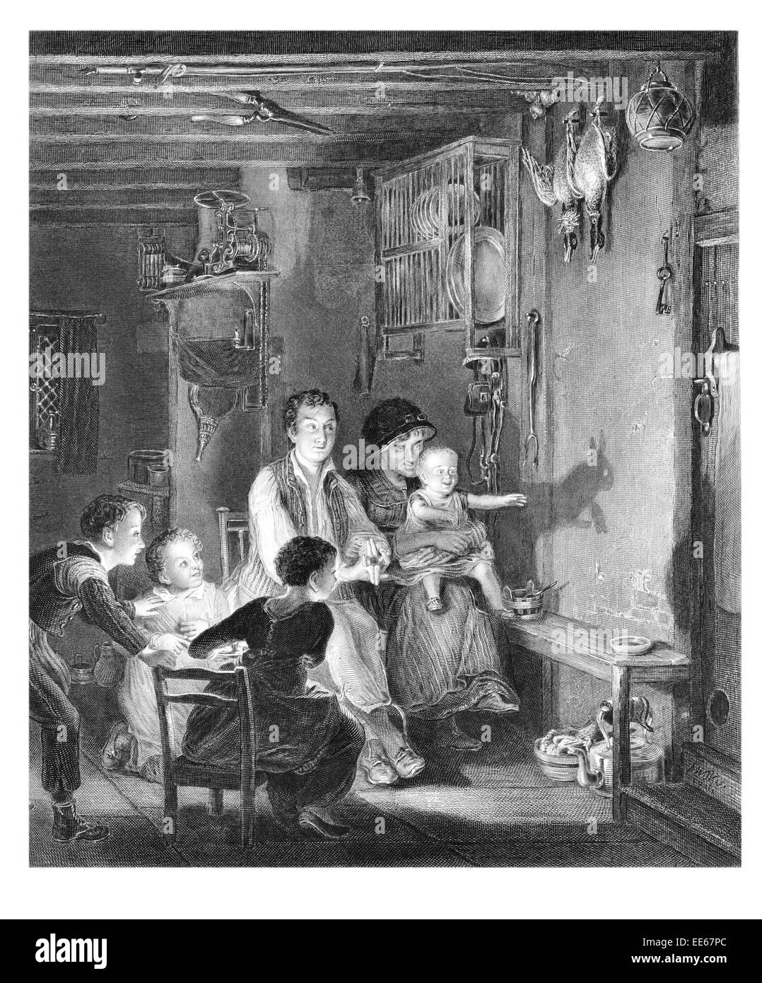 Die Kaninchen an der Wand Sir David Wilkie Marionette Shadow Show Familie nach Hause Kostümen verkleiden Vater Mutter Tochter Sohn Hütte Stockfoto