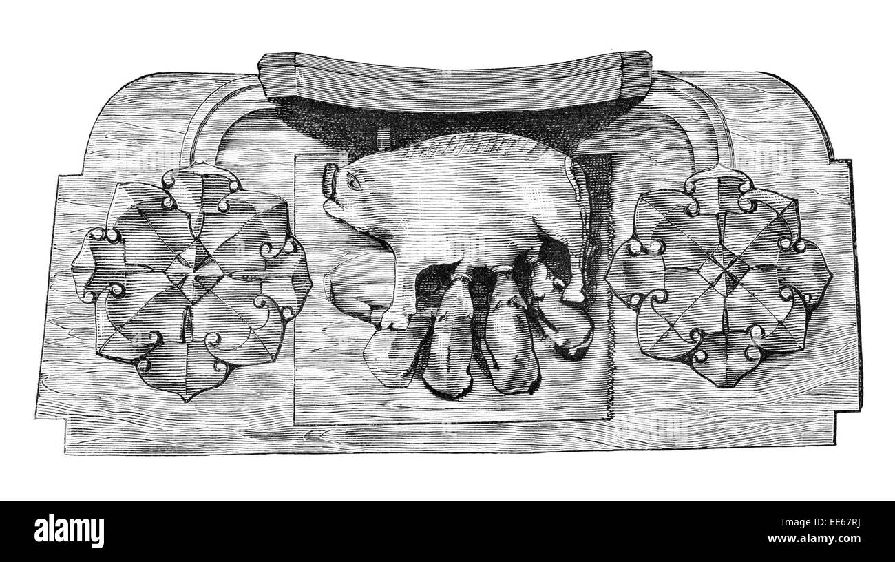 Frühling Miserere schnitzen Worcester Cathedral 1395 Miserikordie Gnadenstuhl Holz geschnitzt Priory anglikanischen Holz Dekoration Bank Ende Stockfoto