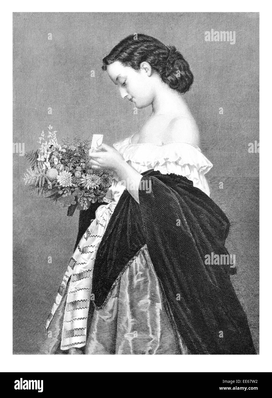 Das Bouquet Auguste Toulmouche Blume Blumen Geschenk Brief Karte Frau weiblich Gnade anmutige Schönheit weiblich feminine Lady Mädchen Stockfoto