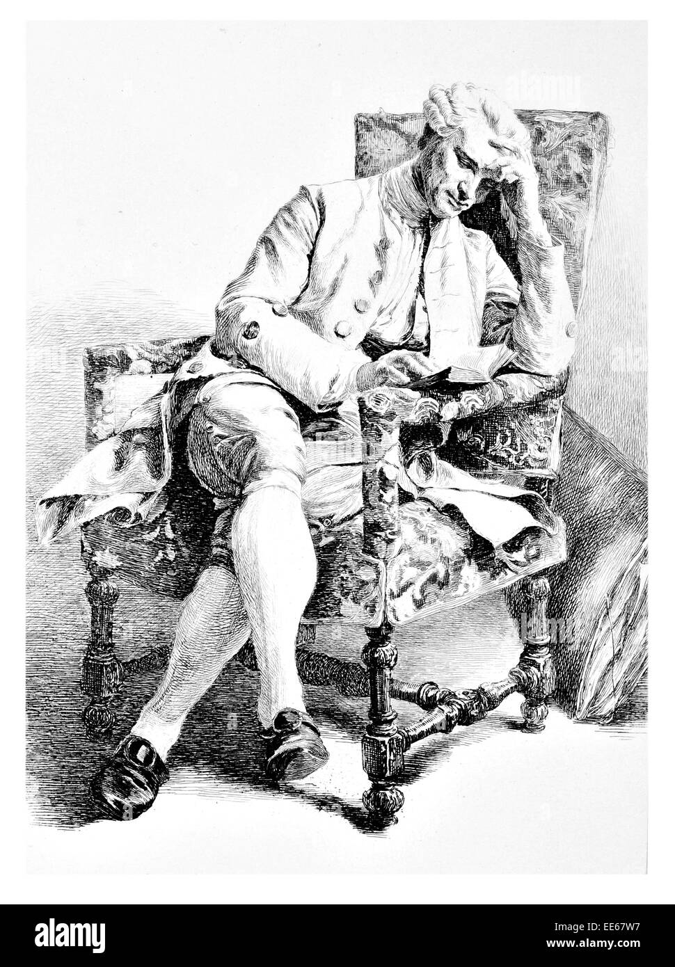 Der Student Jean-Louis Ernest Meissonier-Periode Kostüm Anzug Sitzfläche sitzen Gedanken nachdenklich denken lesen Buch Studie Stockfoto