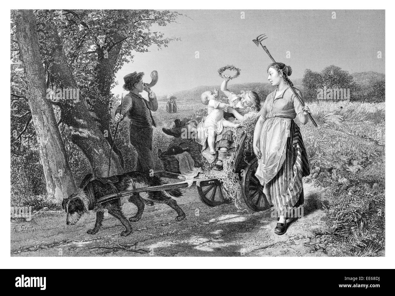 Rückkehr nach Hause Ernte Hund ziehen Wagen Wagen weht Horn Pitch Gabel Bauernhof Landwirtschaft Landwirt Kostümen Familie Mutter Kind Stockfoto