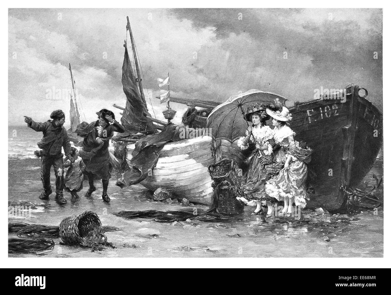Kommende Dusche Pierre Outin Schiff Landung landete Gale Force Winde Wind Kapitän viktorianischen Dame Damen Regenschirm Boot Segel Stockfoto
