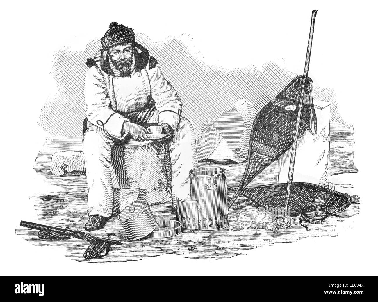 Arctic Winterkleidung Ausrüstung Schneeschuhe Fridtjof Nansen Pelz Mantel Töpfe Pfannen norwegischen Forscher Friedensnobelpreisträger Stockfoto