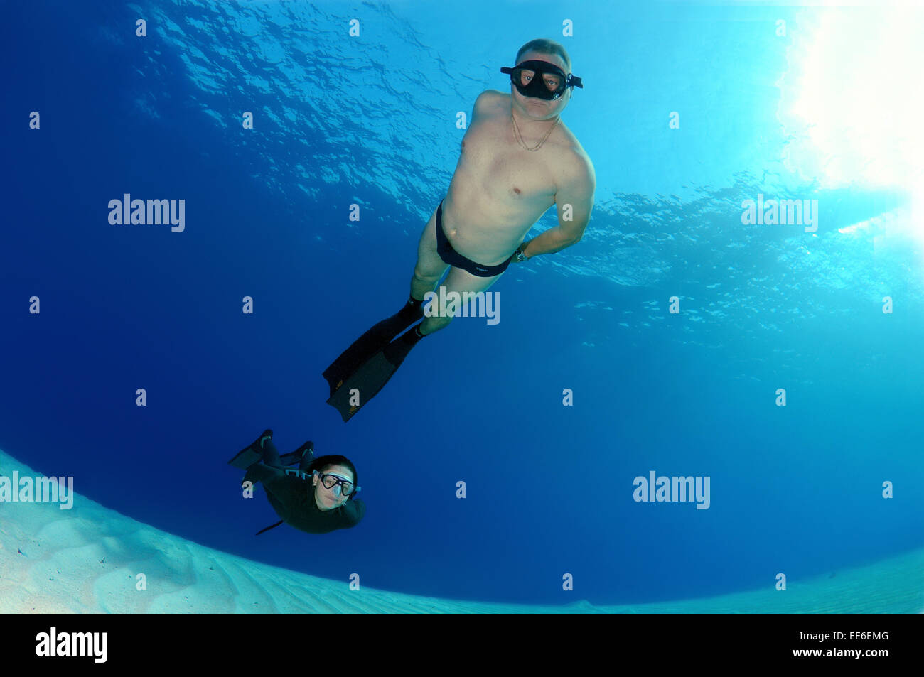 Freediver schwimmt über sandigem Untergrund, Rotes Meer, Ägypten Stockfoto