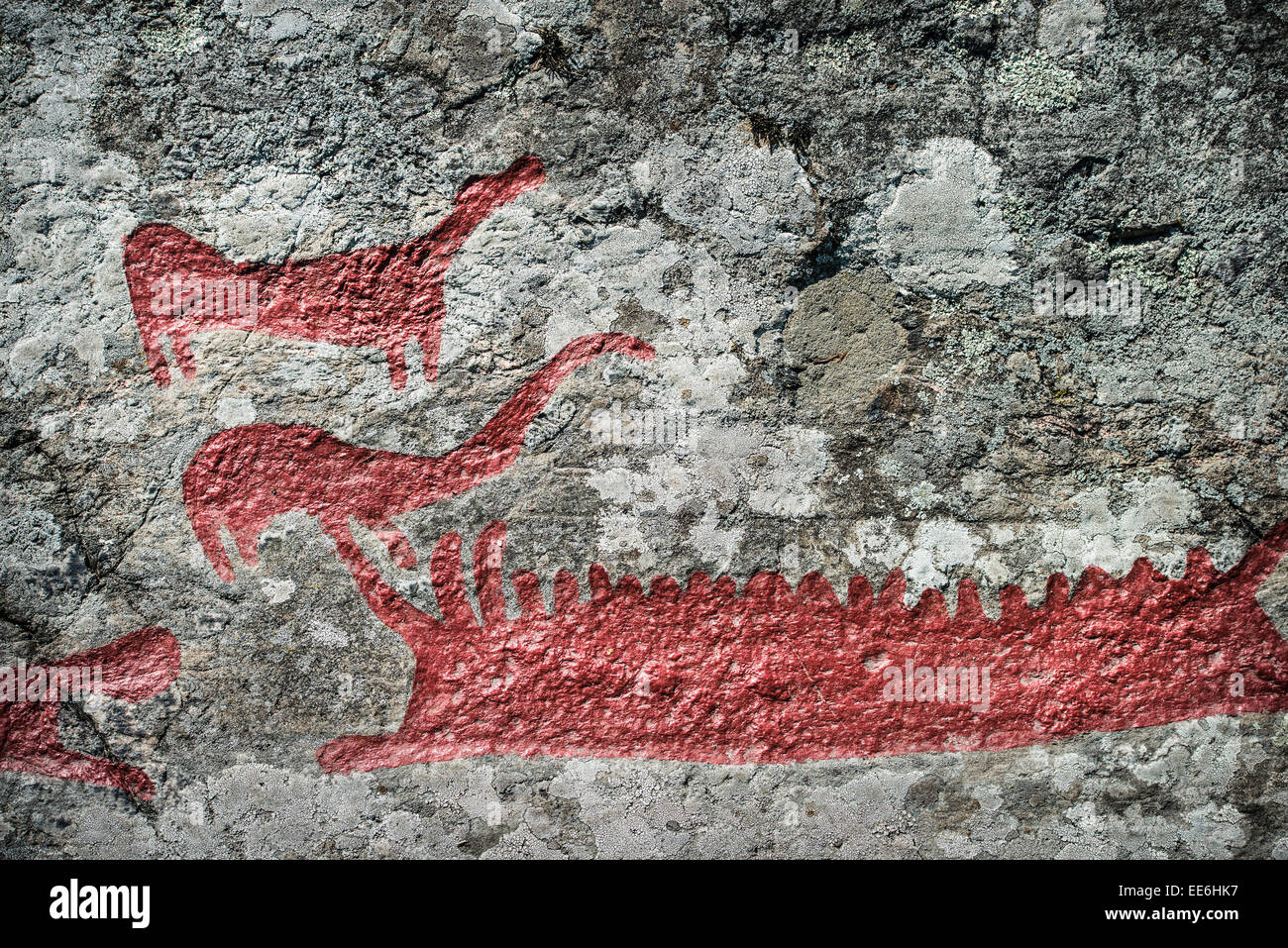 Rock-Gravur bei Himmelstalund eines Schwedens größte Sammlung von Felszeichnungen mit mehr als 1660 Bilder Bronzezeit Stockfoto