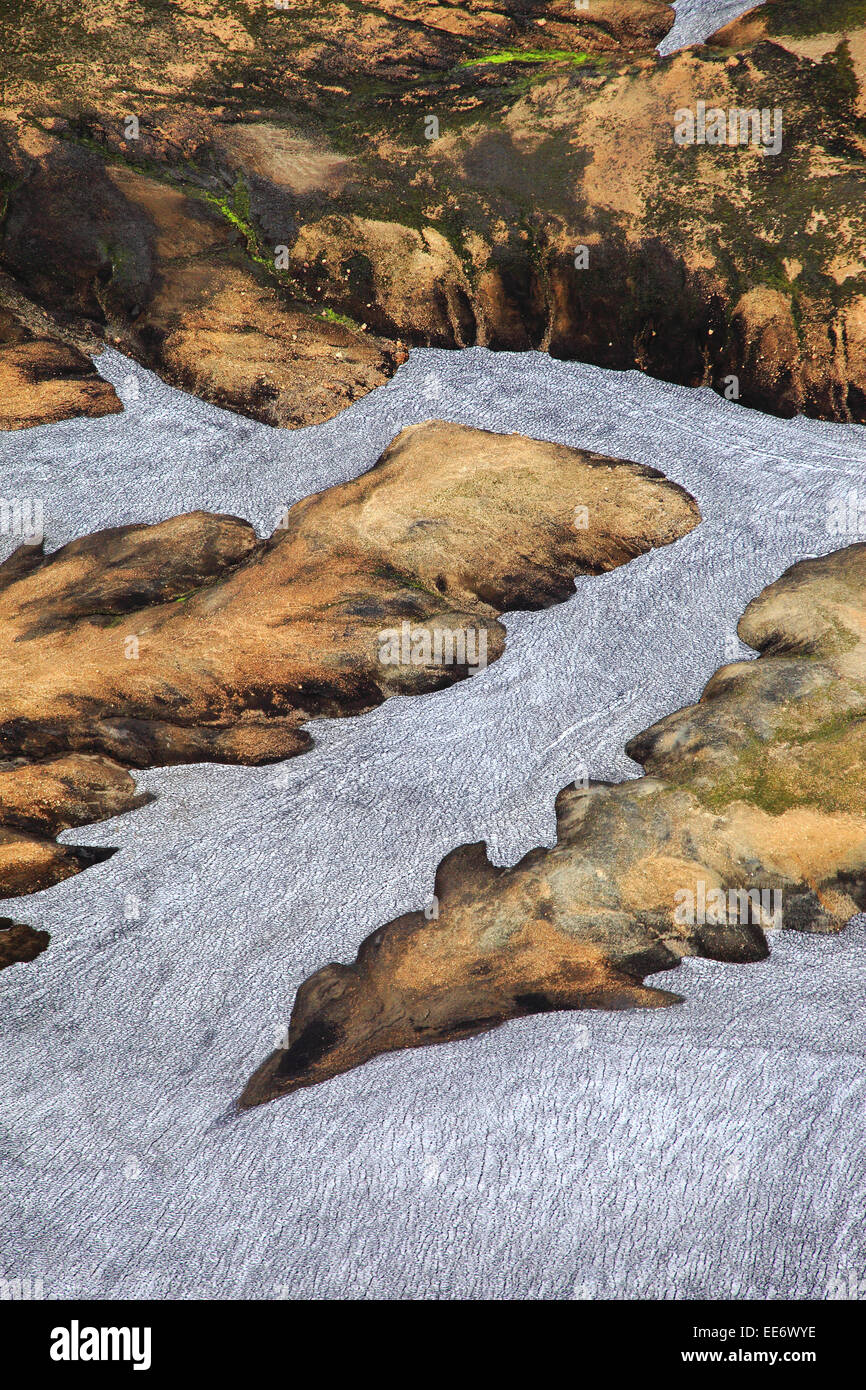 Luftaufnahme des Vatnajökull-Gletschers und Gletscherspalten, Landmannalaugar, Island Stockfoto