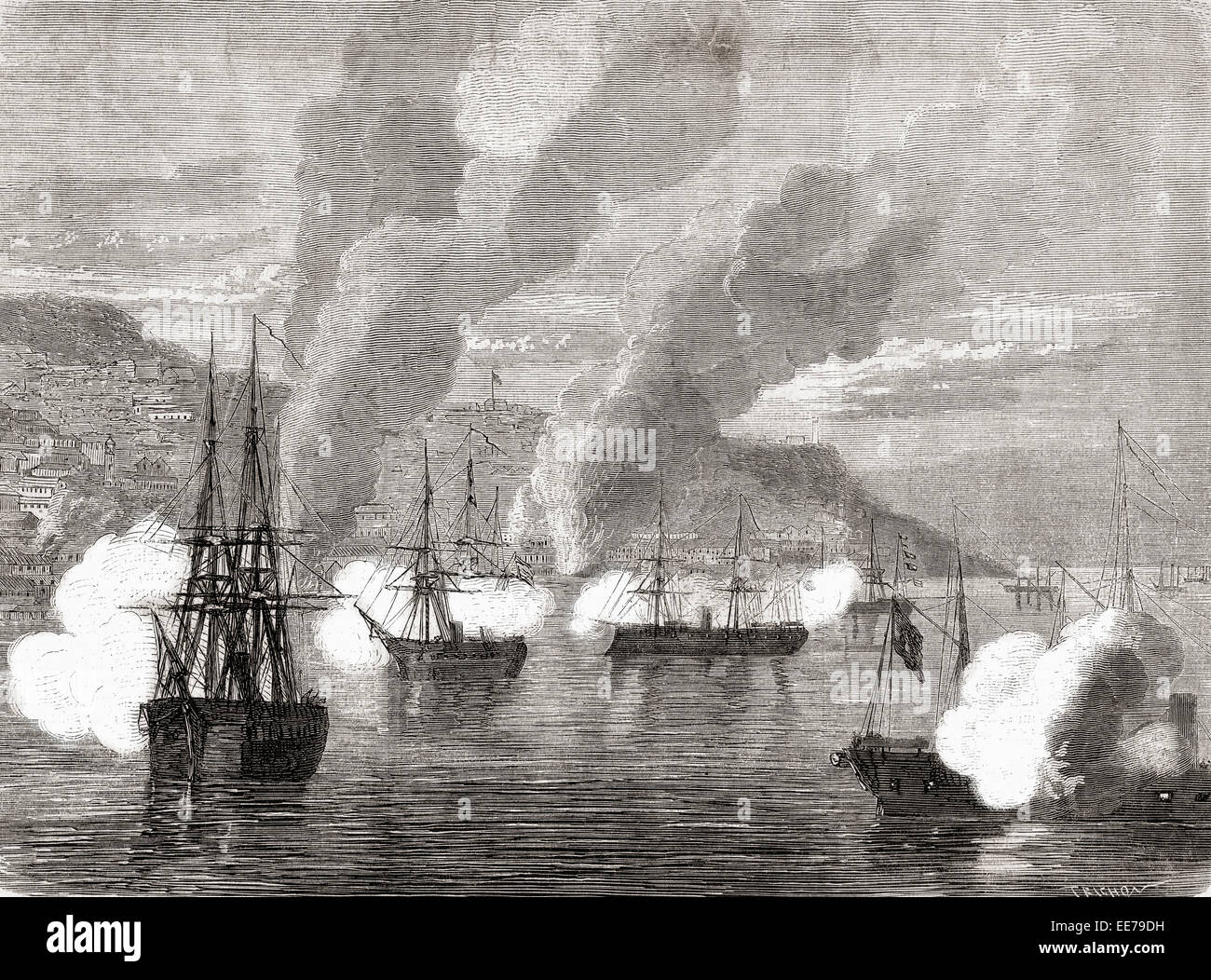 Die Bombardierung von Valparaiso am 31. März 1866 durch eine spanische Flotte beschossen, verbrannt und zerstört die unverteidigten Hafen von Valparaiso, Chile, Südamerika. Stockfoto