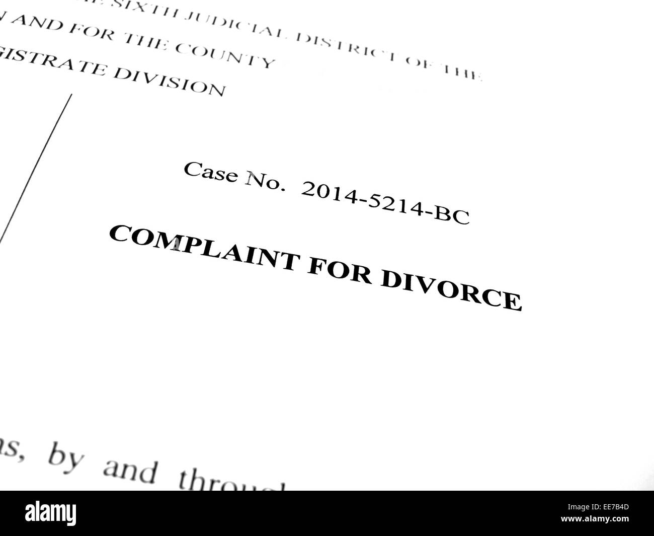 Rechtliche Papiere Beschwerde für Scheidung vor Gericht Stockfoto
