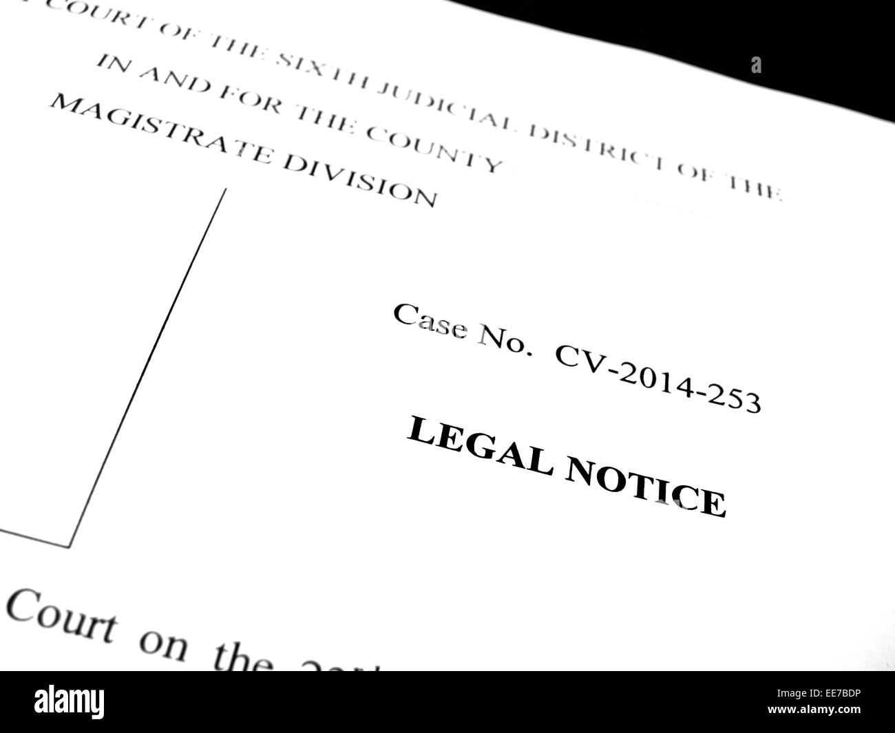 Detail der rechtliche Papiere eine Bekanntmachung über die Klage Stockfoto