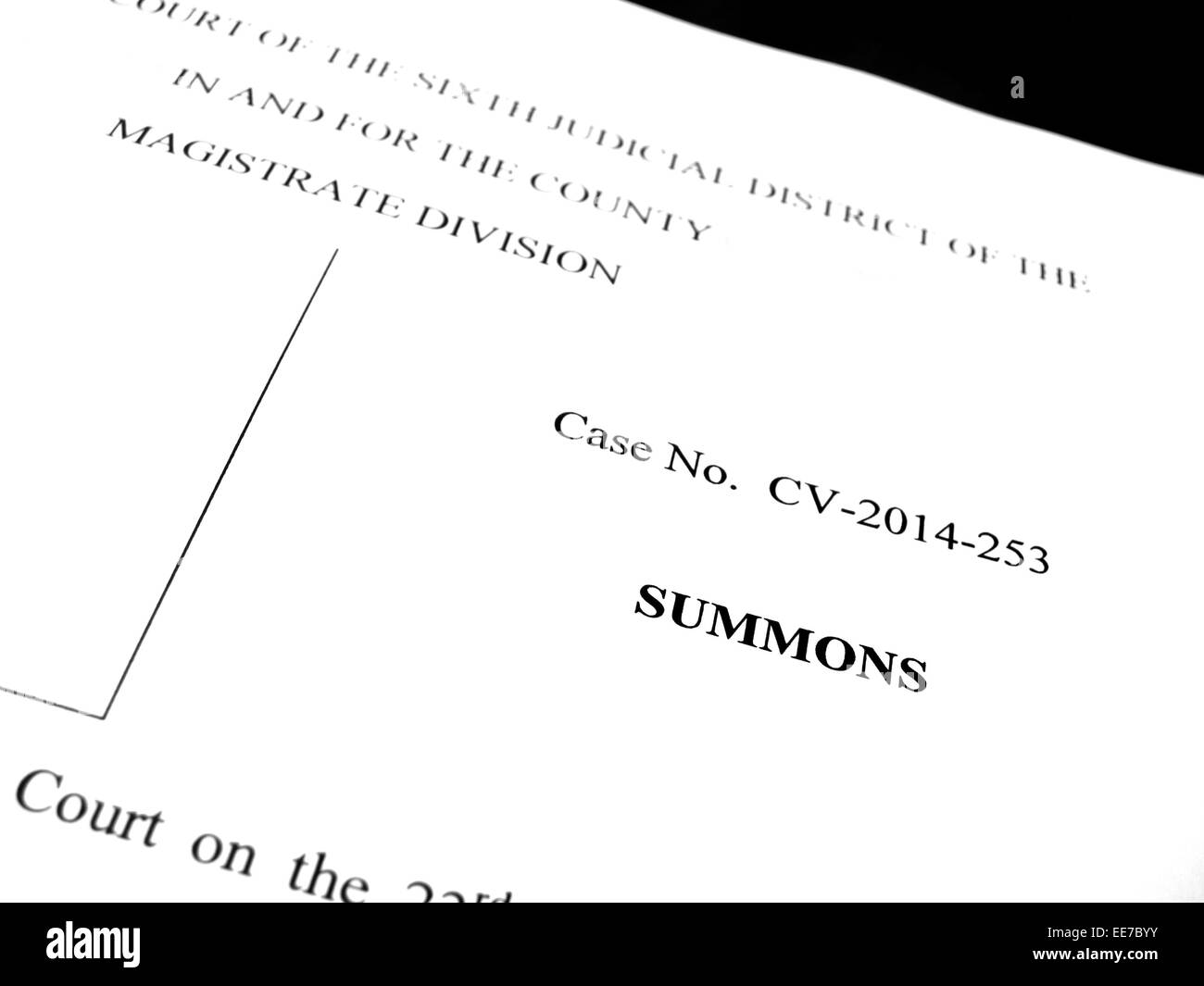 Detail der rechtliche Papiere eine Bekanntmachung über die Klage Vorladung Stockfoto