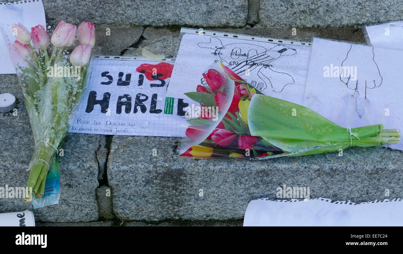 Blumen, Slogan "Je Suis Charlie" und Zeichnungen vor dem Rathaus von Laval, während "Je Suis Charlie" Vigil (Frankreich). Stockfoto