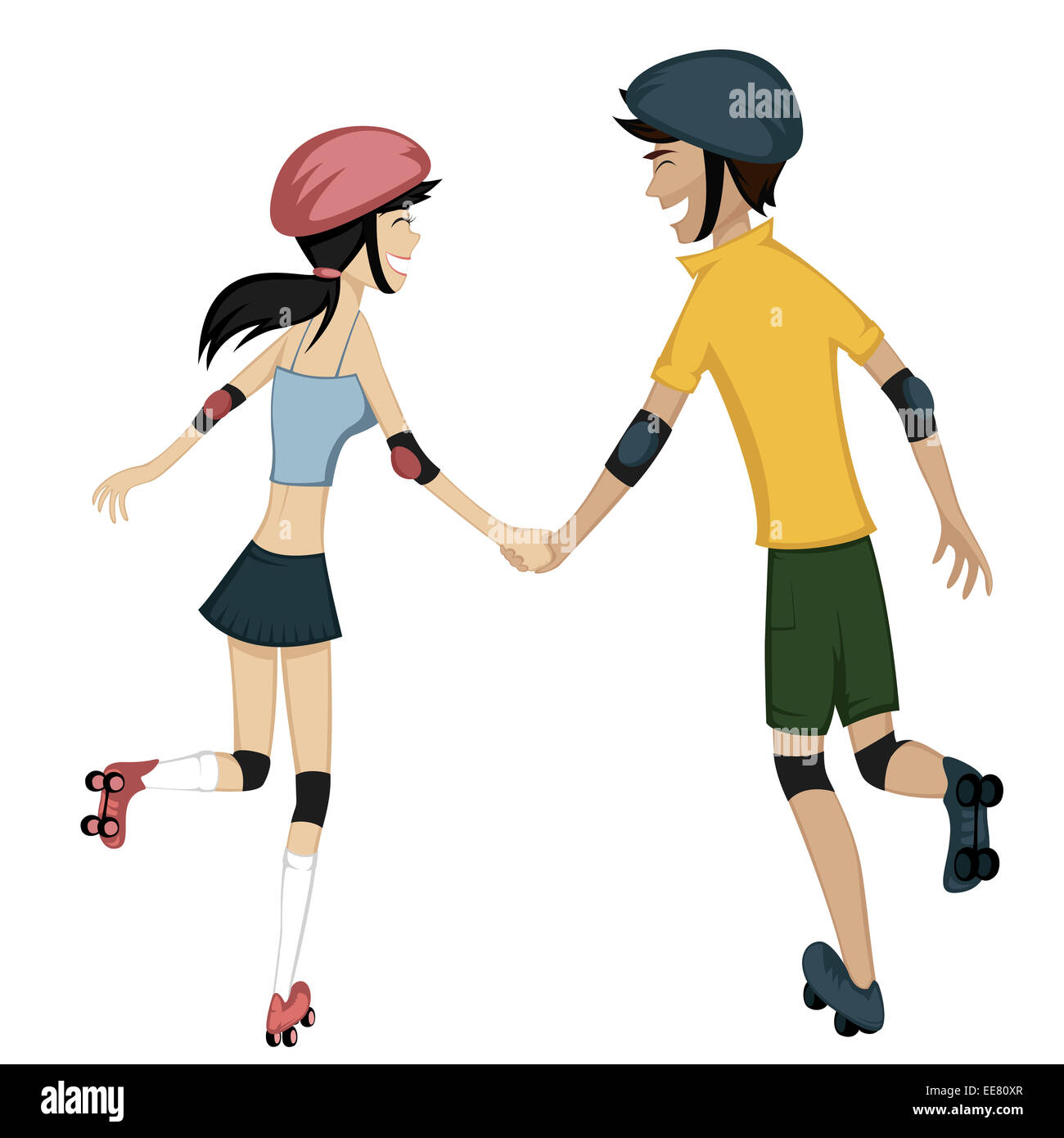 Farbenfrohe und detaillierte Cartoon-Stil Kunst mit einem Lächeln auf den Lippen und froh, dass jungen Paar hält die Hände während des Skatens zusammen Stockfoto