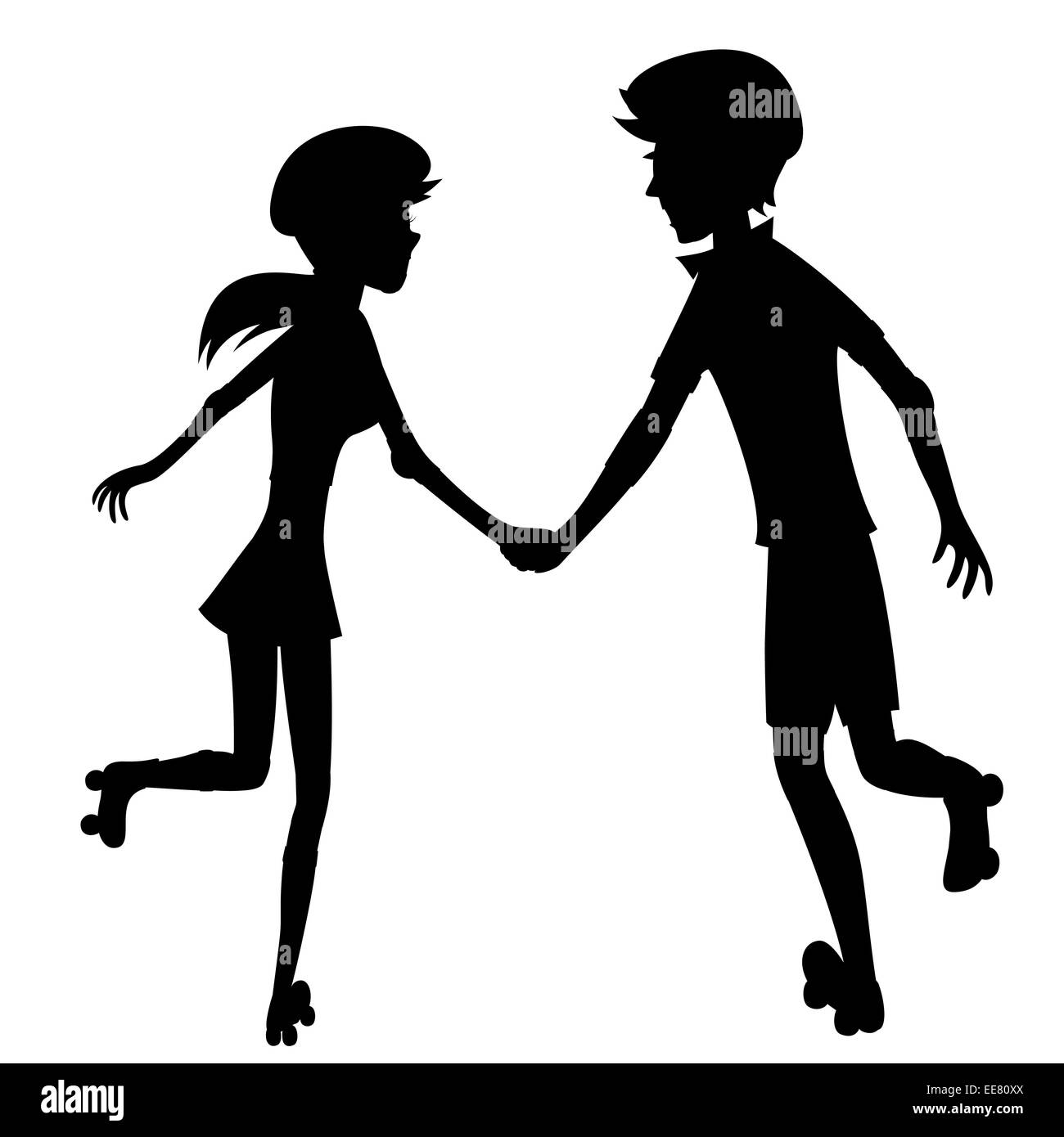 Silhouette eines froh jungen Paares hält die Hände während zusammen Skaten Stockfoto
