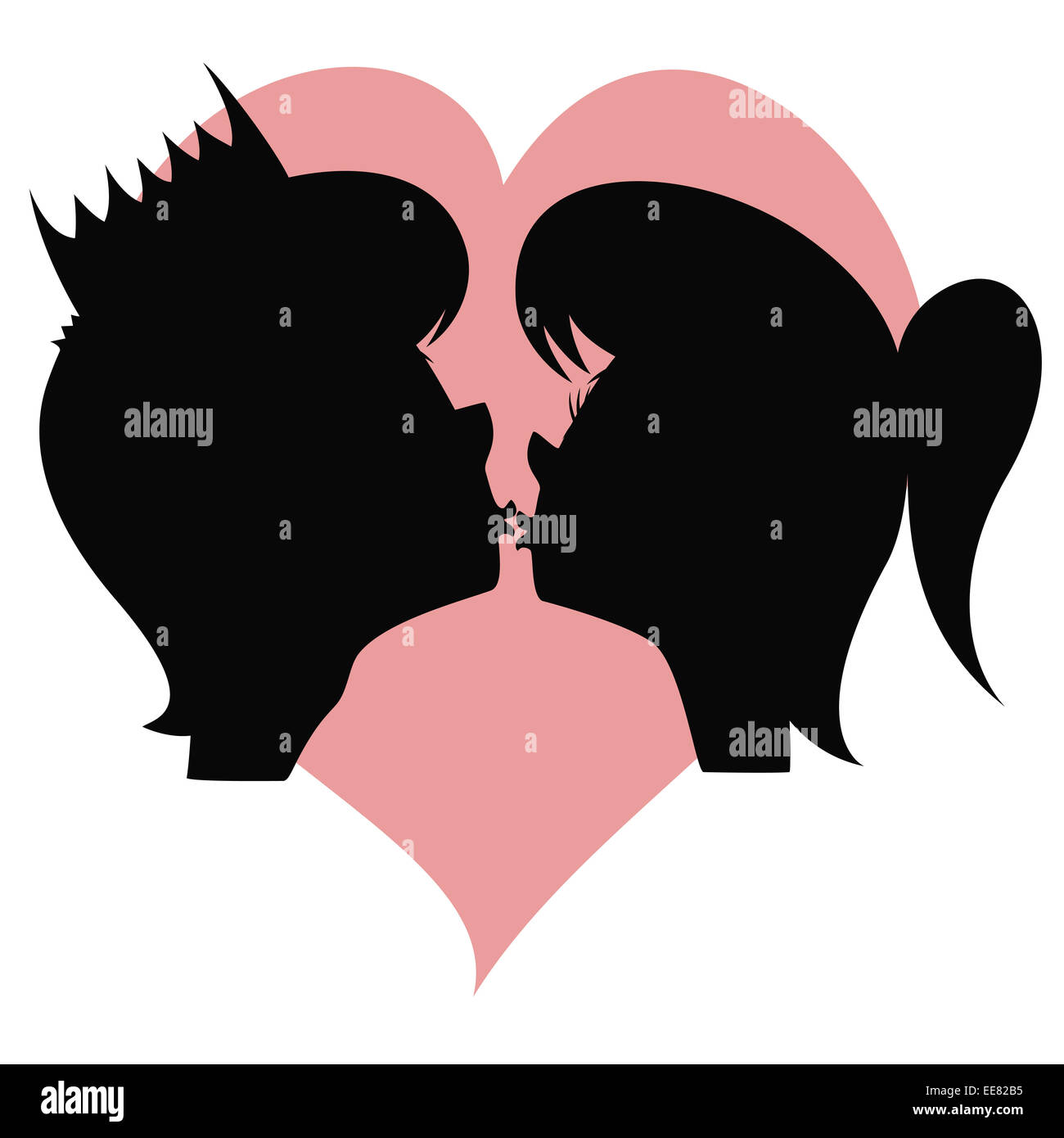 Eine ziemlich lange behaarte Mädchen und eines schönen Princes Silhouette sollen einander vor einem farbigen Herzen küssen. Stockfoto