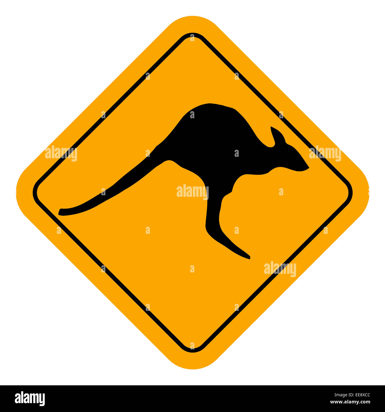 Eine springende Känguru Silhouette innerhalb eines Kängurus überqueren Zeichen über einem weißen Hintergrund Stockfoto