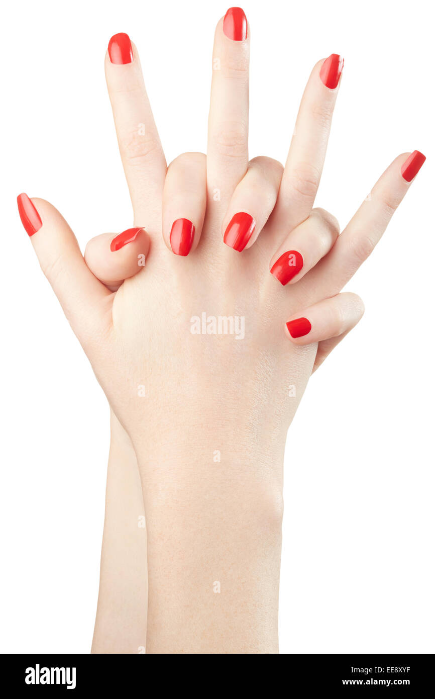 Weibliche Hände mit rotem Nagellack Stockfoto