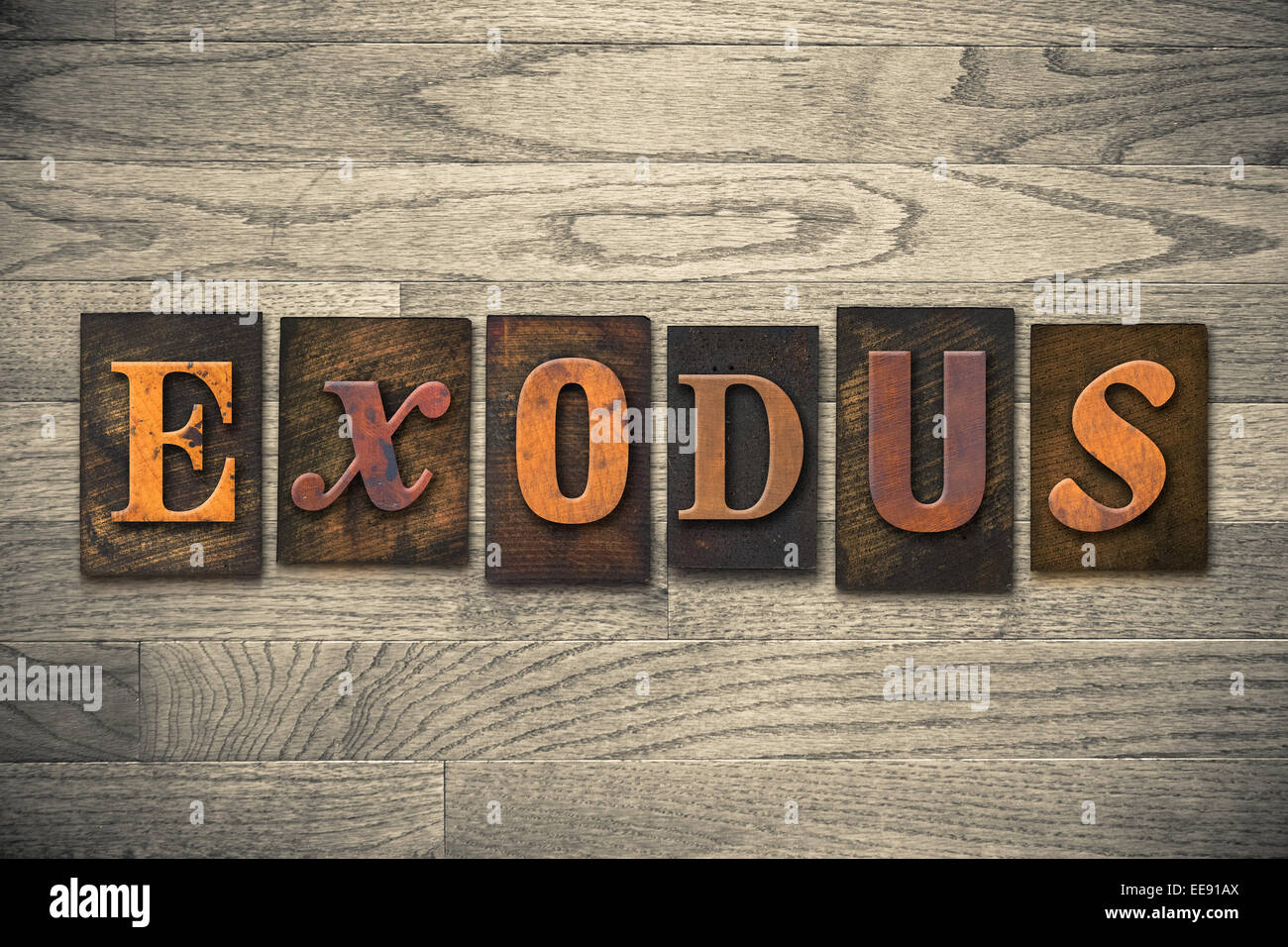 Das Buch der Bibel EXODUS in hölzernen Buchdruck Art geschrieben. Stockfoto
