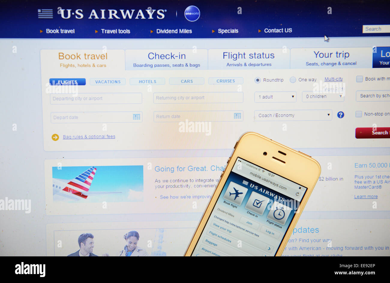 US Airways Website und IPhone Stockfoto