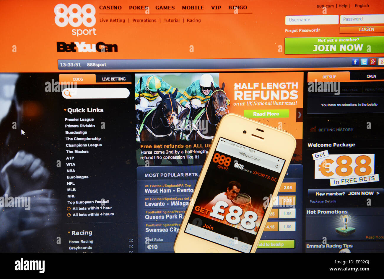 888 Sport-Website und IPhone Stockfoto