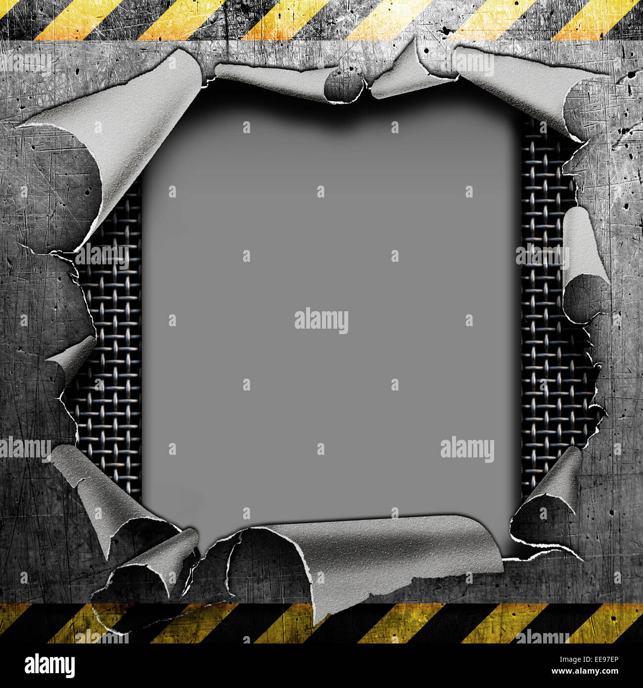 Industrielle Grunge Stahlplatte mit schwarzen und gelben Streifen und Loch Stockfoto