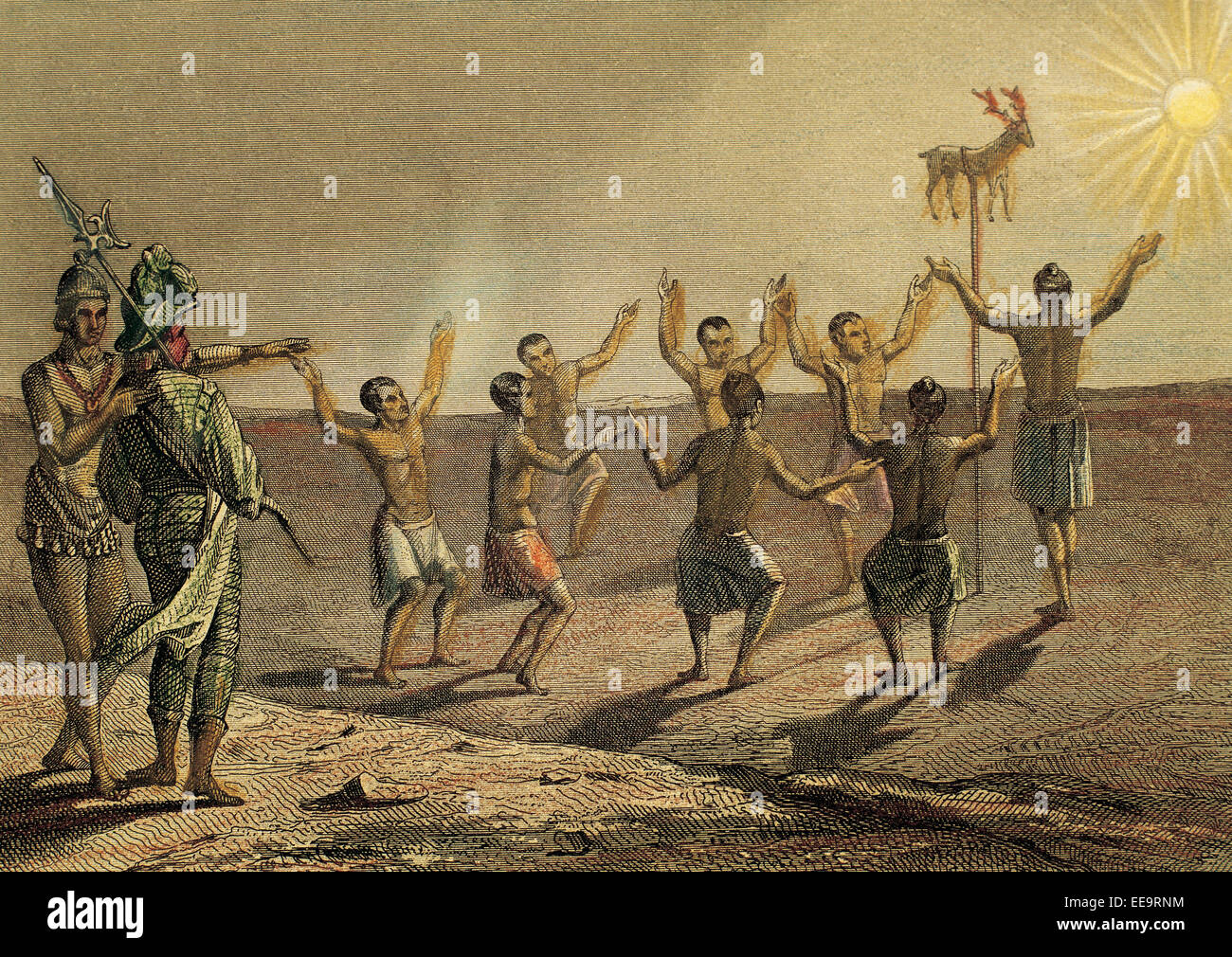 Amerika. Florida. 16. Jahrhundert. Ritual der Sonnengott gewidmet. Hirschleder zu opfern. Kupferstich, 1850. Farbe. Stockfoto