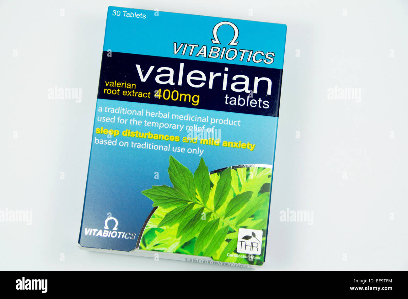 Packung mit Baldrian Tabletten. Stockfoto