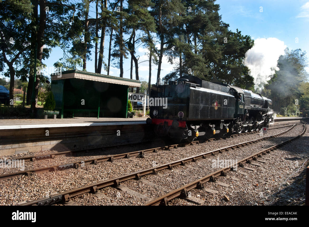 9F 2-10-0 Dampflokomotive Nr. 92203 "Black Prince" Holt Station auf die North Norfolk Railway zwischen Holt und Sheringham, in der Nähe von Norwich, Norfolk. Stockfoto