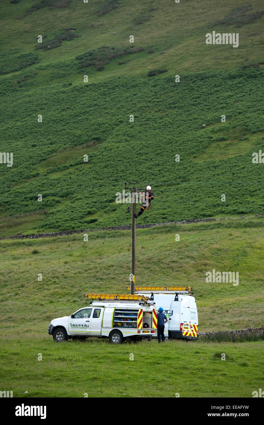 Netz elektrischer Techniker reparieren ein Kabel an einem ländlichen Strom Pole, Cumbria, UK. Stockfoto
