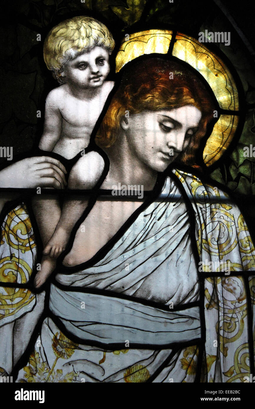 Kirchenfenster von einem Kind mit einer Abbildung, die Nächstenliebe von Designer: Henry Urlaub & Firma: James Powell & Söhne 1880 Stockfoto
